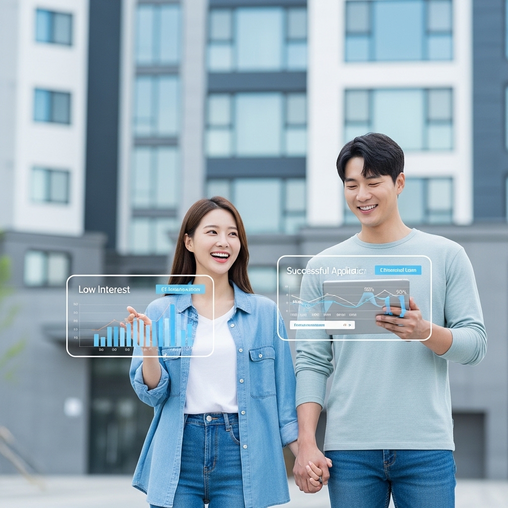 환하게 웃으며 손을 잡고 있는 신혼부부가 태블릿으로 전세자금대출 금리 그래프를 확인하는 모습