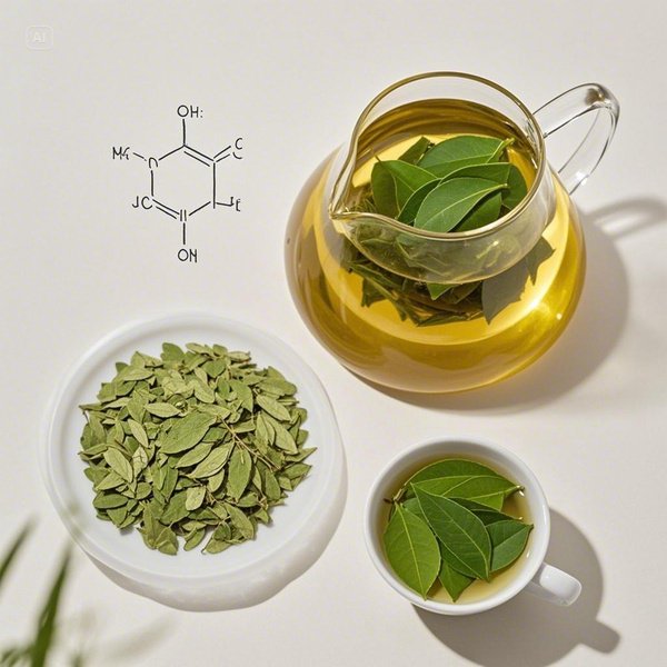 신선한 센나잎과 말린 센나잎, 센나잎 차를 우려내는 모습, 센나잎의 주요 성분인 센노사이드의 분자 구조