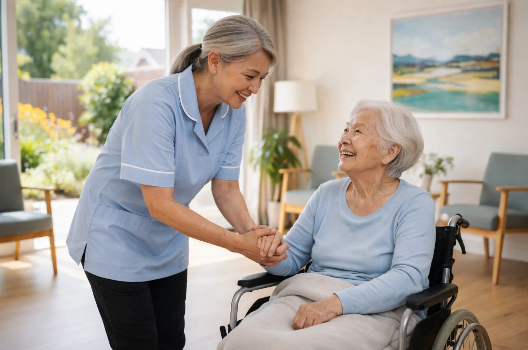 밝고 현대적인 요양 시설에서 노인을 다정하게 돕는 50대 여성 요양보호사. 따뜻하고 전문적인 분위기가 느껴집니다.