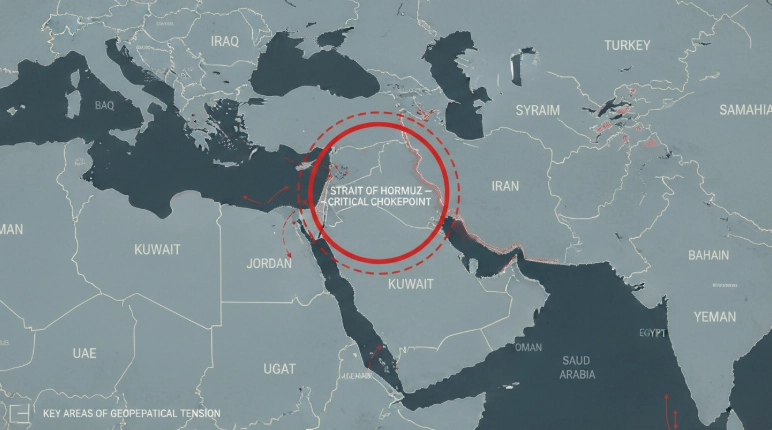호르무즈 해협과 중동 주요 국가들을 표시한 정치 지도, 미&middot;이란 갈등의 전략적 요충지를 나타냄.