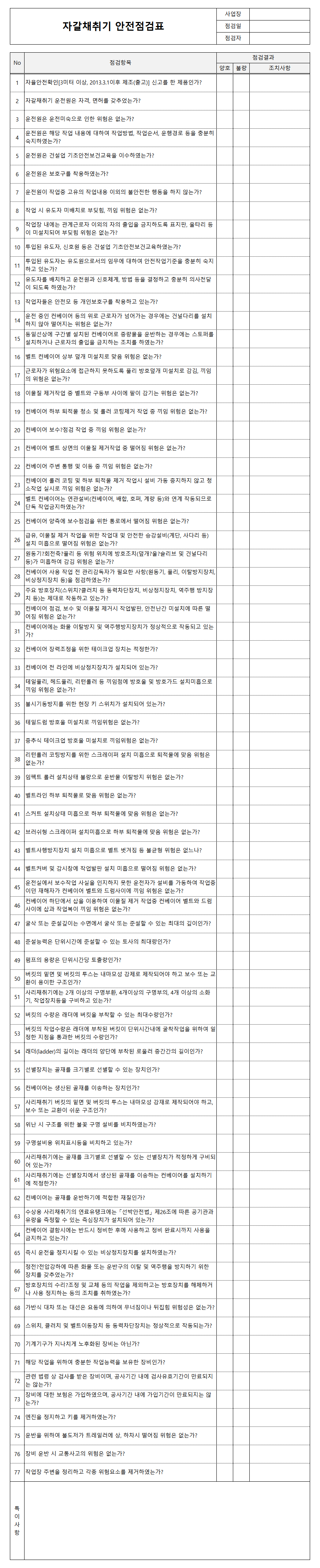 자갈채취기 안전점검표