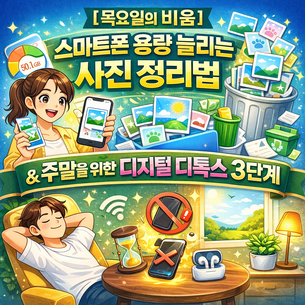[목요일의 비움] 스마트폰 용량 늘리는 사진 정리법 &amp; 주말을 위한 디지털 디톡스 3단계
아이폰 사진 정리 꿀팁, 구글 포토 용량 늘리기, 디지털 디톡스 방법, 목요일 퇴근후 루틴, 스마트폰 용량 부족 해결, 스크린 타임 줄이기, 1월 주말 여행지, 직장인 목요일 힐링, 미니멀 라이프 실천, 2026년 트렌드