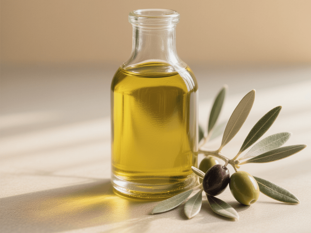 햇살이 비치는 테이블 위에 투명 유리병에 담긴 올리브오일과 올리브 열매·잎이 함께 놓인 이미지