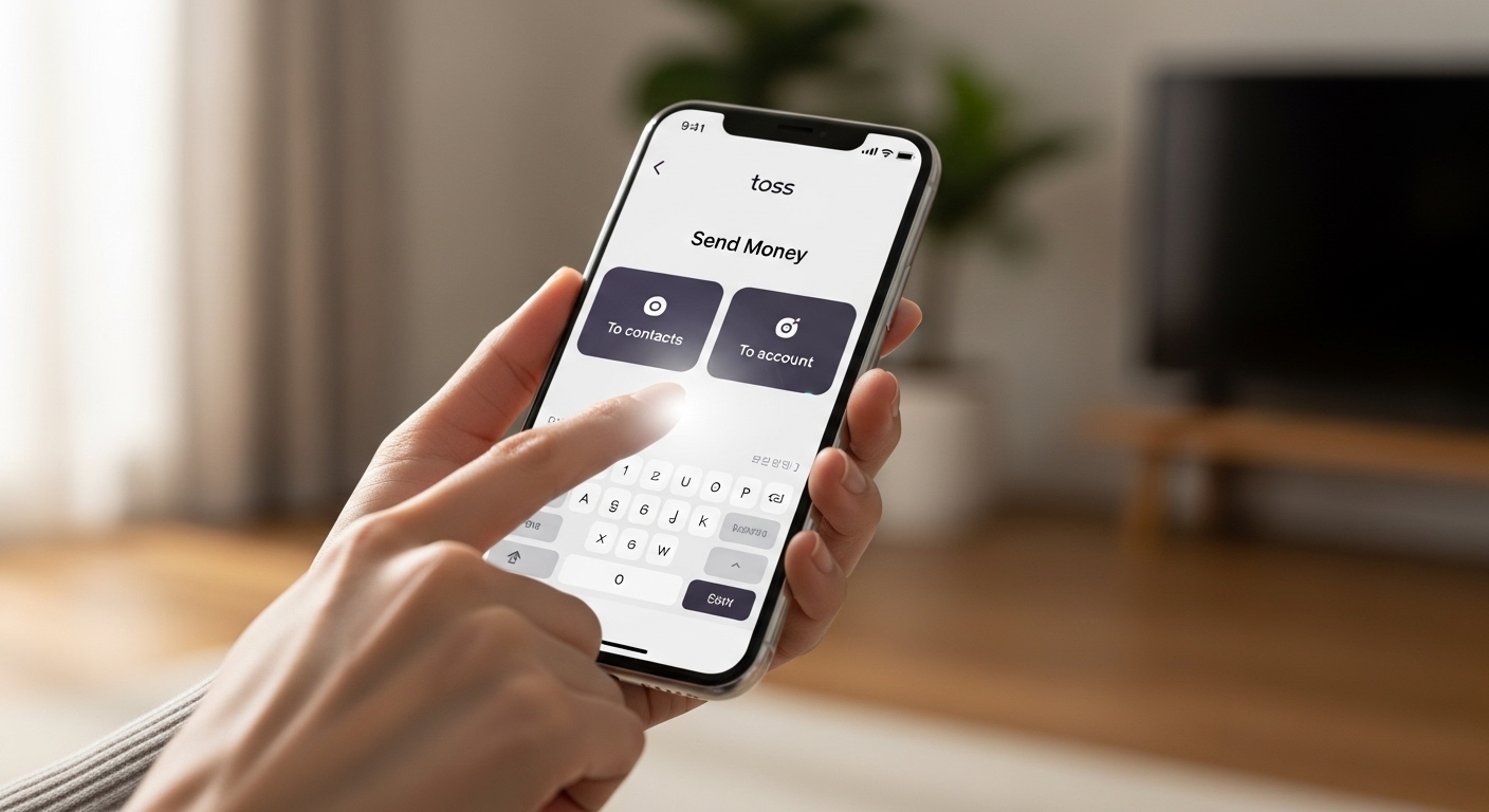 토스 앱으로 연락처 또는 계좌로 송금하는 화면을 보여주는 스마트폰을 들고 있는 손