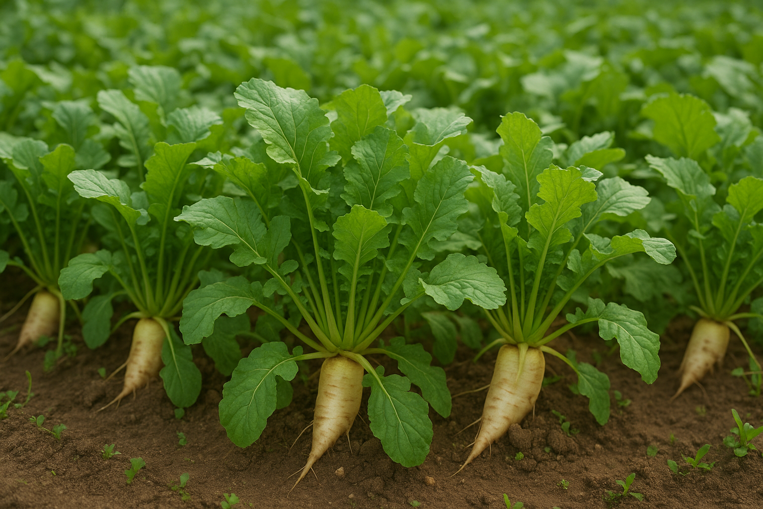 밭에서 자라고 있는 싱싱한 열무