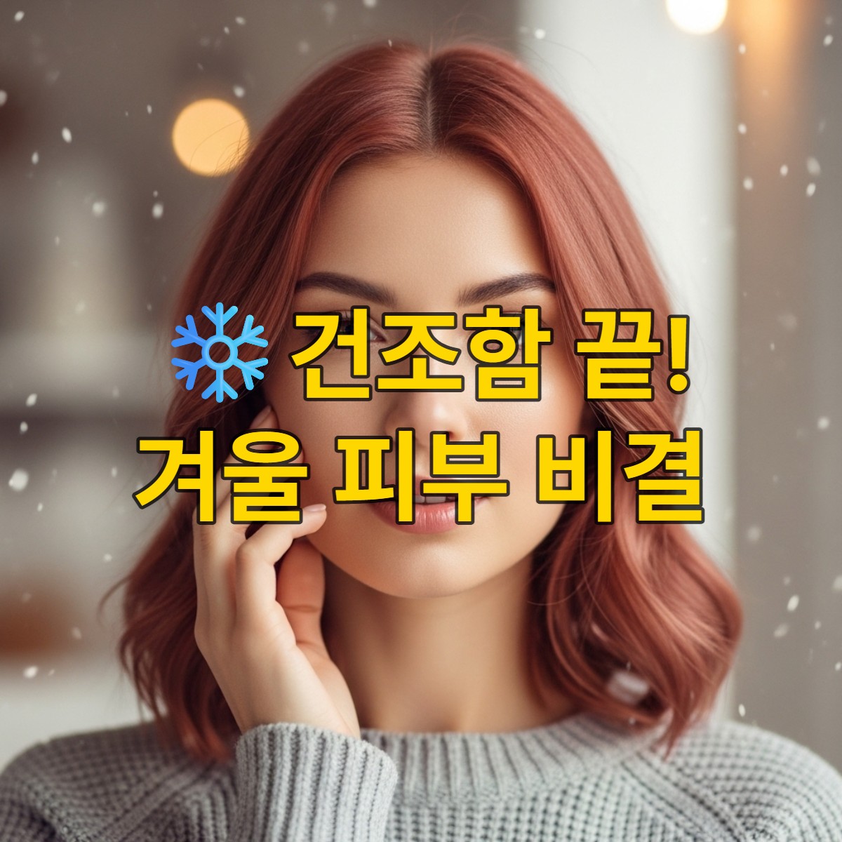 촉촉하고 건강한 피부를 가진 여성이 따뜻한 겨울 분위기 속에서 부드럽게 얼굴을 만지는 모습, 겨울 피부 관리의 중요성을 나타냄