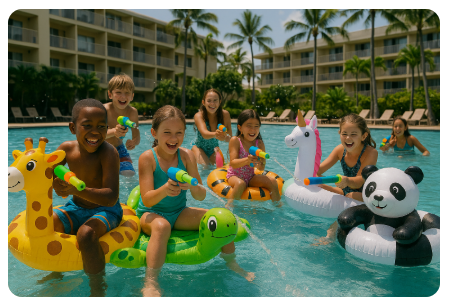 풀장에서 아이들이 노는 사진