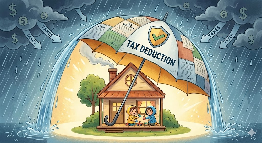 집(월세/청약)과 아이들(자녀공제) 위로 세금 환급 우산이 펼쳐져 비(세금)를 막아주는 일러스트