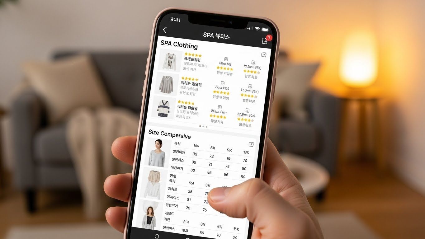 스마트폰의 온라인 쇼핑 앱을 스크롤하는 사람이 다양한 고객 리뷰와 SPA 의류에 대한 상세 사이즈 차트를 표시합니다.