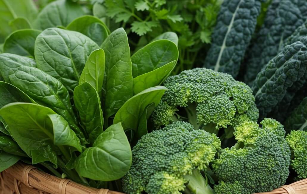 시금치, 브로콜리, 케일, 바구니, 초록색
