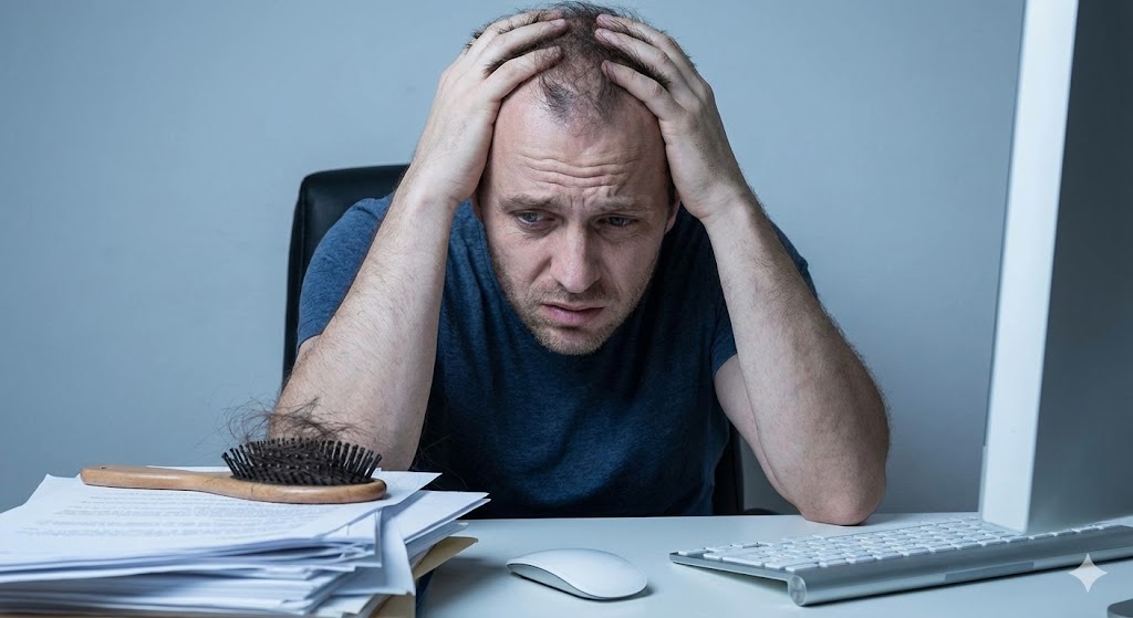 거울-앞에서-머리를-감싸쥐고-괴로워하는-스트레스-받은-사람이-빗에-한가득-엉켜있는-빠진-머리카락을-보고-충격을-받은-모습