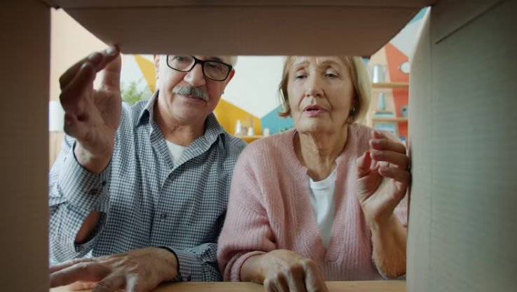 스를 함께 열어보며 안을 들여다보는 중년 부부. 새출발이나 인생 2막의 시작을 상징하는 장면.