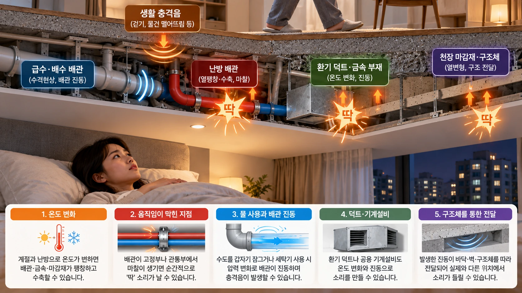 아파트 천장 딱딱 소리의 원인이 될 수 있는 온도 변화 배관 진동 덕트와 구조체 전달