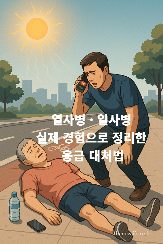 A man collapses on a sunny city bike path due to suspected heatstroke, while another man urgently calls emergency services (119). The scene depicts a heat-related emergency with sweat, sunlight, and a bottle of water on the ground.-자전거 도로에서 열사병으로 쓰러진 중년 남성과, 119에 긴급 신고 중인 남성. 강한 햇빛과 응급상황을 묘사한 여름철 열사병 관련 이미지.