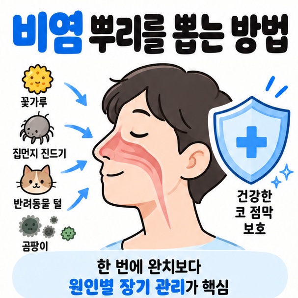 코와 알레르기 항원 보호막 아이콘을 중심으로 비염 뿌리를 뽑는 방법 문구와 완치보다 원인별 장기관리라는 핵심을 보여주는 이미지