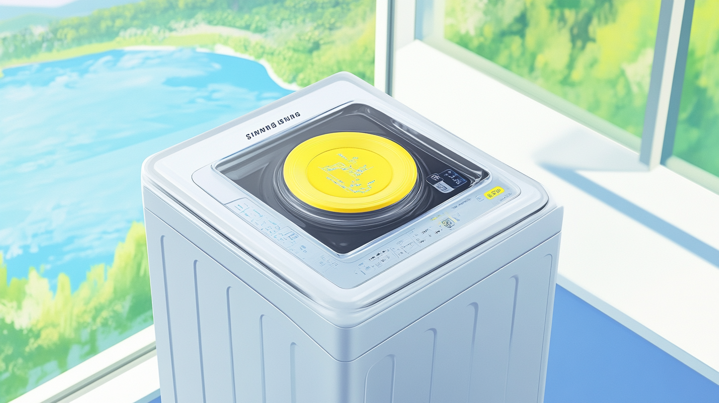 세련된 디자인과 AI 제어, 스마트 인버터 같은 첨단 기능이 강조된 최신 삼성 세탁기 이미지