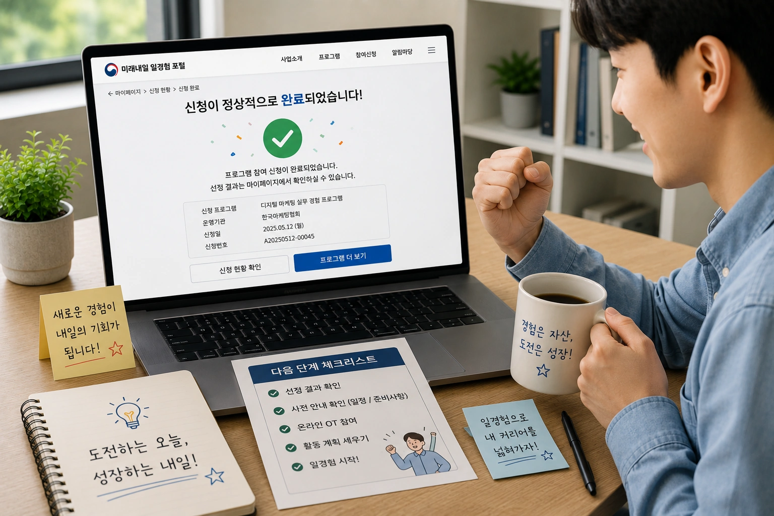 청년이 미래내일 일경험 프로그램 참여를 준비하며 신청 완료 후 다음 절차를 확인하는 모습