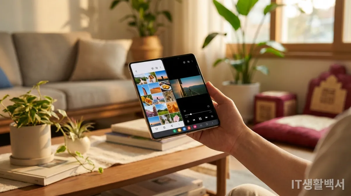 책처럼 펼쳐진 북스타일 폴더블폰을 편안하게 사용하는 모습