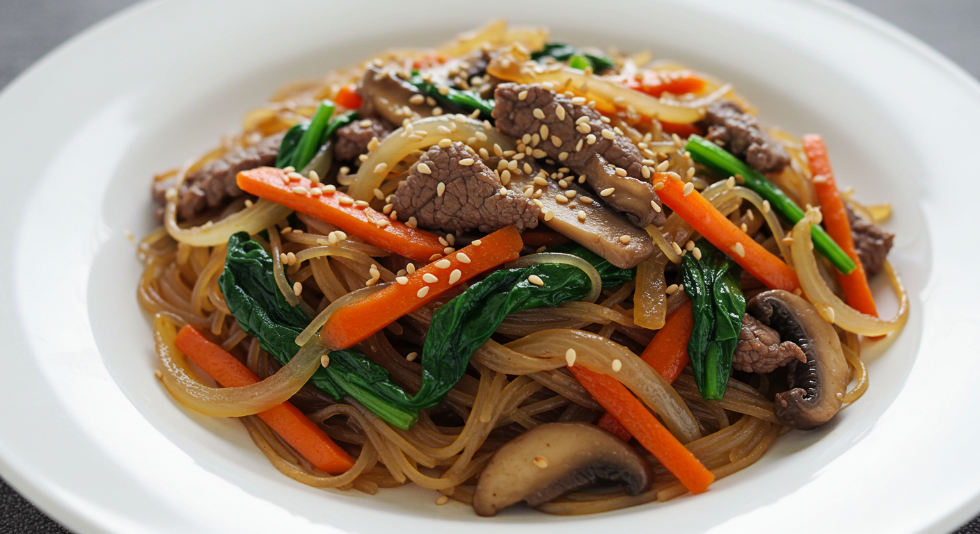 Japchae Korean glass noodles stir-fried with vegetables and beef ❘ 채소와 고기를 볶은 한국 잡채