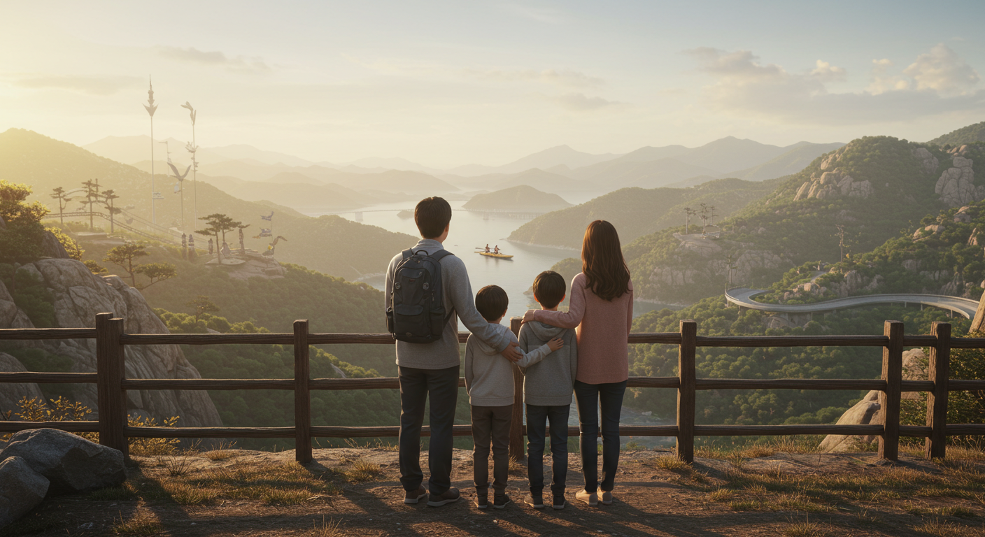 강원도 여행의 추억을 되새기는 가족의 모습