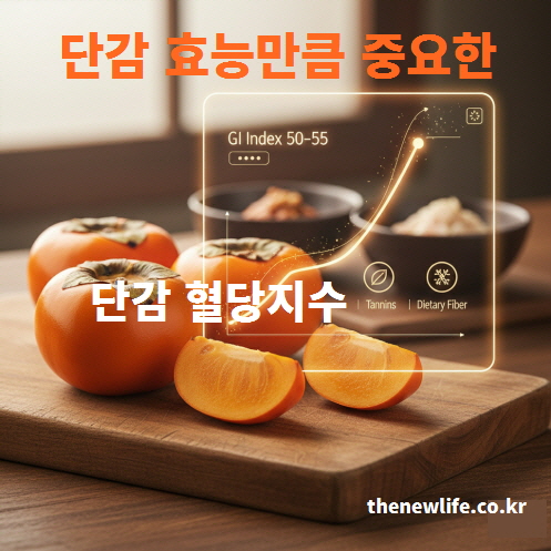 단감의 혈당지수와 식이섬유&middot;타닌 성분이 혈당 상승을 완만하게 돕는 효능을 시각적으로 표현한 인공 이미지