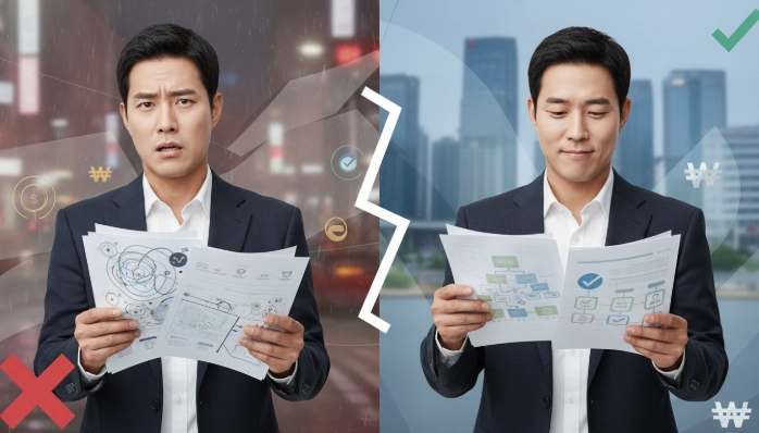 2025년 베트남 송금 규정 강화 전후를 비교하는 이미지. 왼쪽은 복잡하고 거절된 서류로 혼란스러워하는 한국인, 오른쪽은 명확한 서류로 성공적인 송금을 처리하며 안도하는 한국인의 모습.