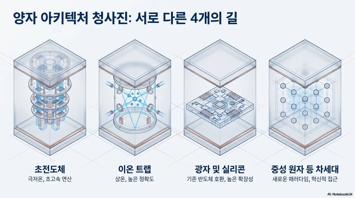 트럼프 양자컴퓨터: 양자컴퓨터의 4대 기술 아키텍처를 비교한 인포그래픽. 초전도 방식의 극저온 초고속 연산과 이온트랩의 상온 높은 정확도 그리고 광자 및 실리콘의 기존 반도체 호환 높은 확장성과 중성원자 등 차세대의 새로운 패러다임 혁신적 접근을 각각 시각적으로 설명함