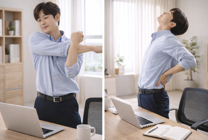 사무실에서 어깨와 허리를 스트레칭하는 직장인의 모습