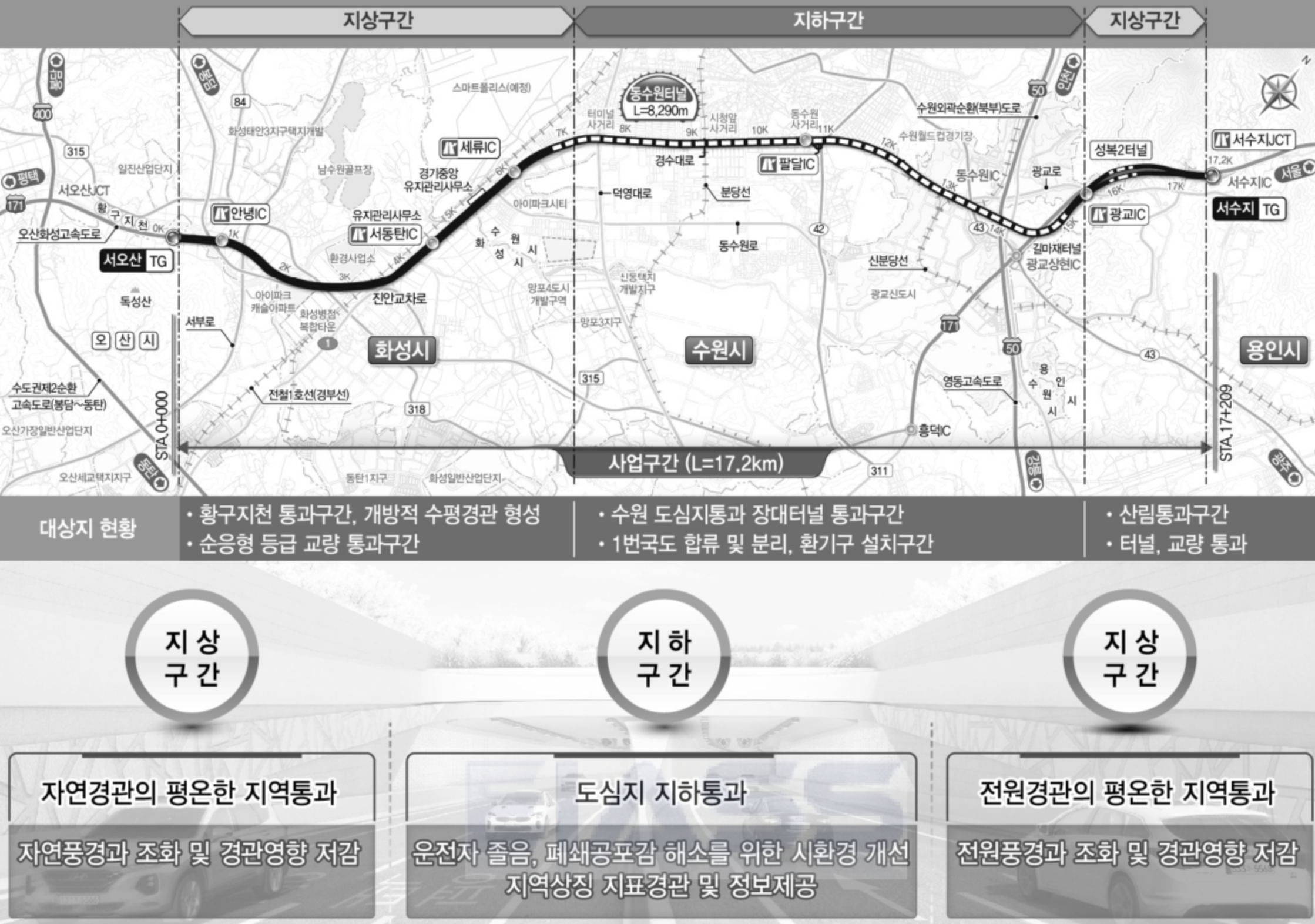 오산~용인고속도로-지상구간-지하구간-지도-화성시-수원시-용인시-위치