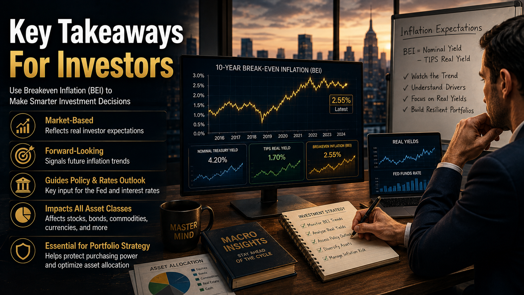Investor analyzing Breakeven Inflation, Treasury yields, and macroeconomic data for long-term portfolio strategy.