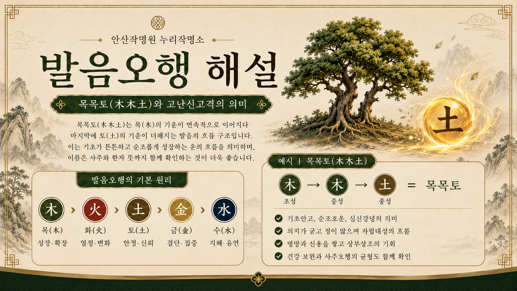 안산작명원 발음오행 목목토와 고난신고격 의미를 설명하는 누리작명소 이미지
