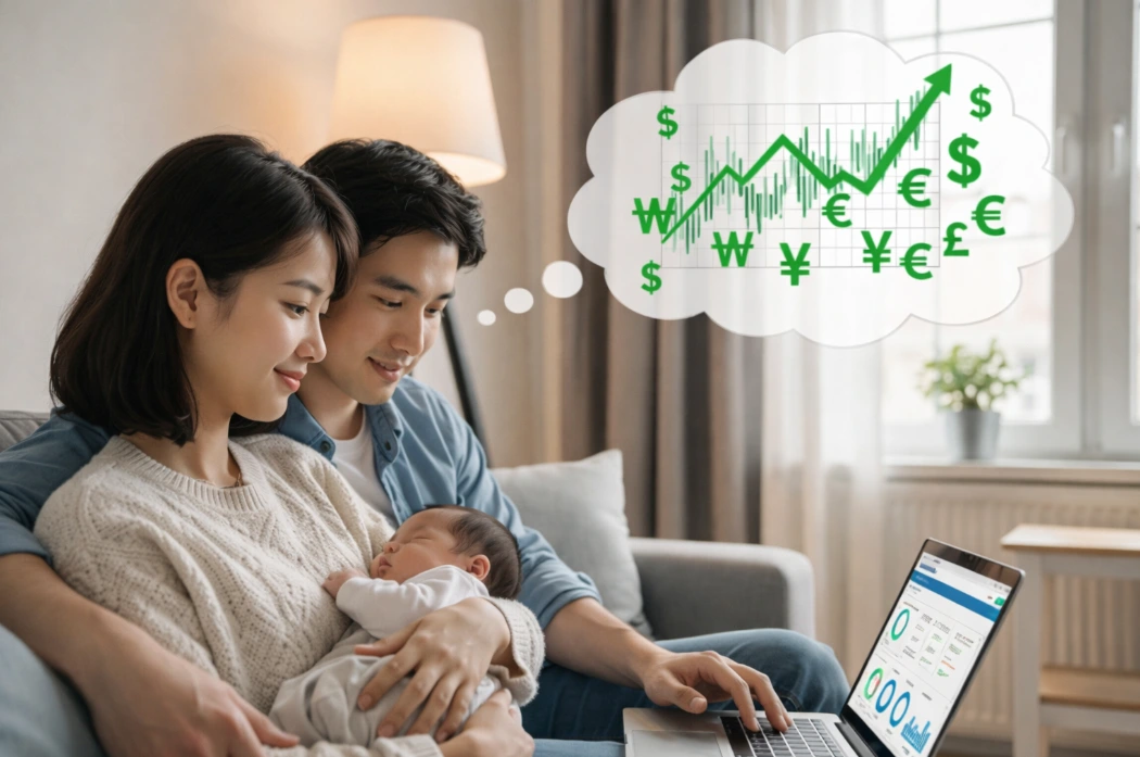 행복한 맞벌이 부부가 신생아와 함께 노트북으로 신생아 특례대출 및 건강보험료 절세 전략을 살펴보며 안도하는 모습.