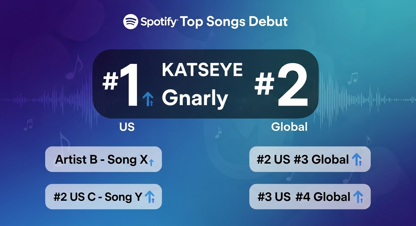 스포티파이 차트에서 미국 1위, 글로벌 2위를 기록하며 뜨거운 인기를 입증한 캣츠아이 'Gnarly'의 성공을 보여주는 다이내믹한 차트 이미지