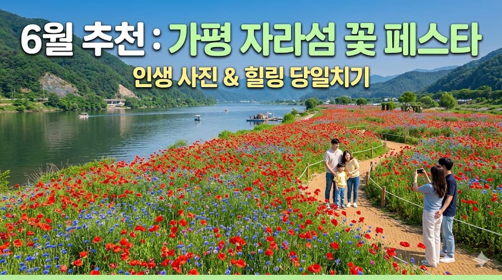 북한강과 푸른 산을 배경으로 붉은 양귀비와 푸른 수레국화가 가득 피어 있는 가평 자라섬 남도 꽃밭 전경. 산책로를 걷고 있는 가족과 사진을 찍고 있는 연인의 모습이 보이며, 상단에는 '가평 자라섬 꽃 구경', '6월에 가기 좋은 곳', '입장료 7천원 (상품권 5천원 환급)'이라는 갈색과 녹색의 소박한 글씨가 적혀 있는 블로그 썸네일 이미지.