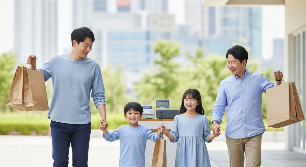 계산 후 쇼핑백을 들고 나오는 가족