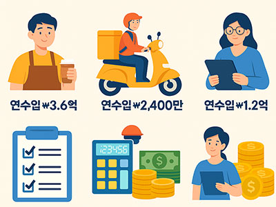업종별 연수입 기준을 설명하는 일러스트: 카페 아르바이트&amp;#44; 배달업&amp;#44; 사무직 여성을 예시로 연수입 3.6억&amp;#44; 2&amp;#44;400만 원&amp;#44; 1.2억 원이 각각 표시되어 있음. 계산기&amp;#44; 체크리스트&amp;#44; 현금 아이콘이 함께 배치됨