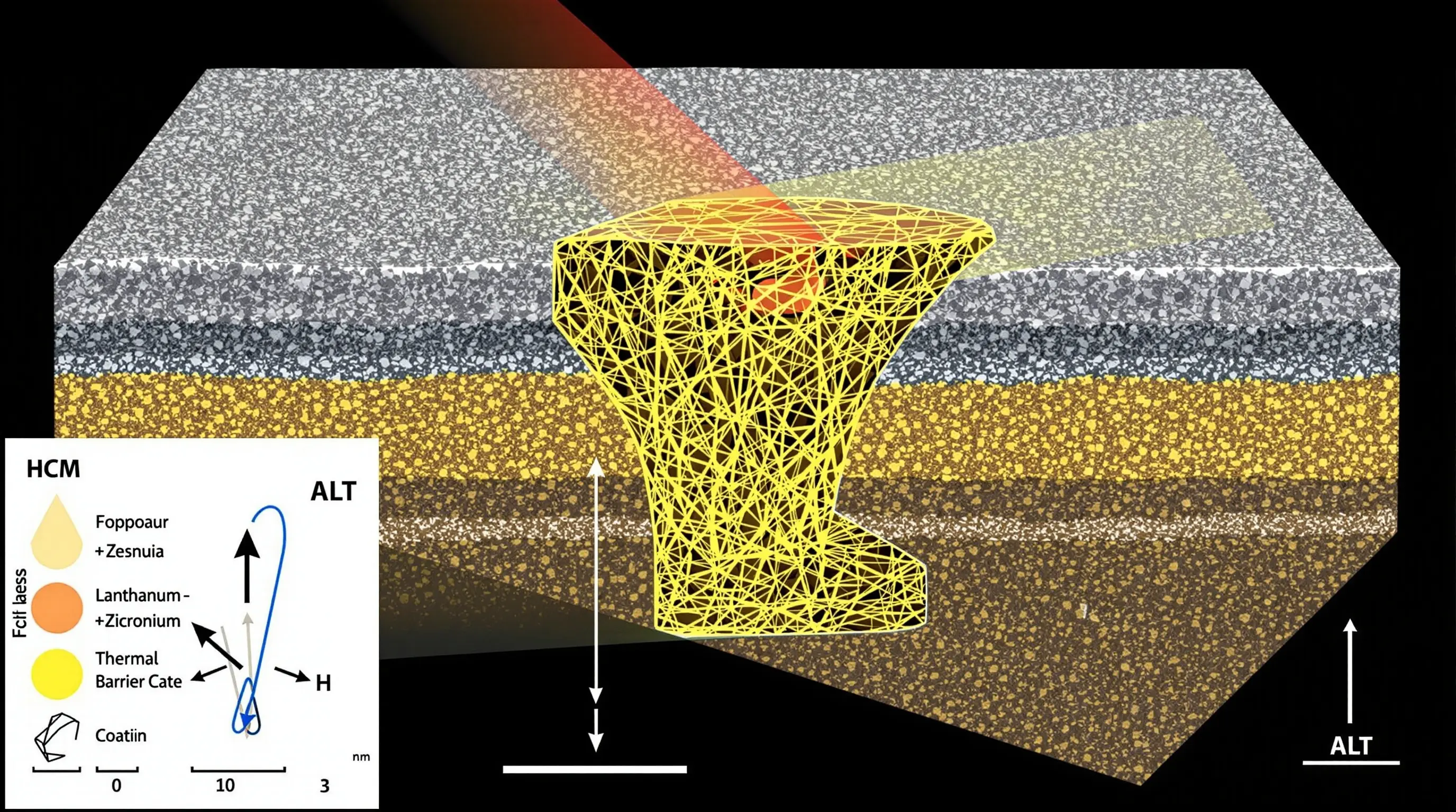 란타넘-지르코늄 복합 소재의 미세구조 단면을 표현한 연구용 도식 이미지