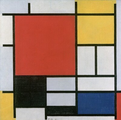 피에트 몬드리안의 '빨강, 노랑, 파랑의 구성' 작품 사진, 1921