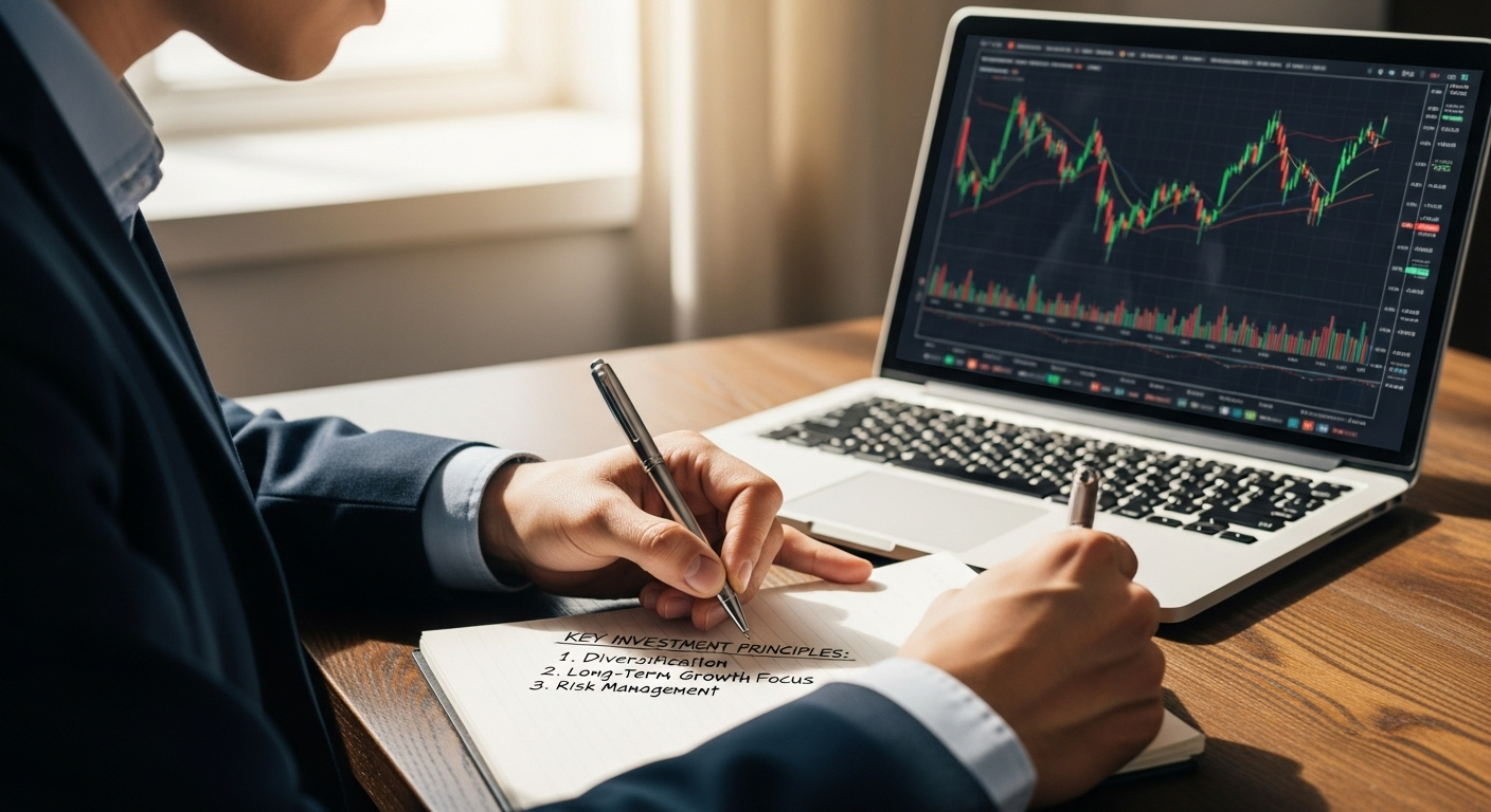 노트에 투자 3원칙을 기록하며 주식 차트를 살펴보는 초보 투자자의 모습