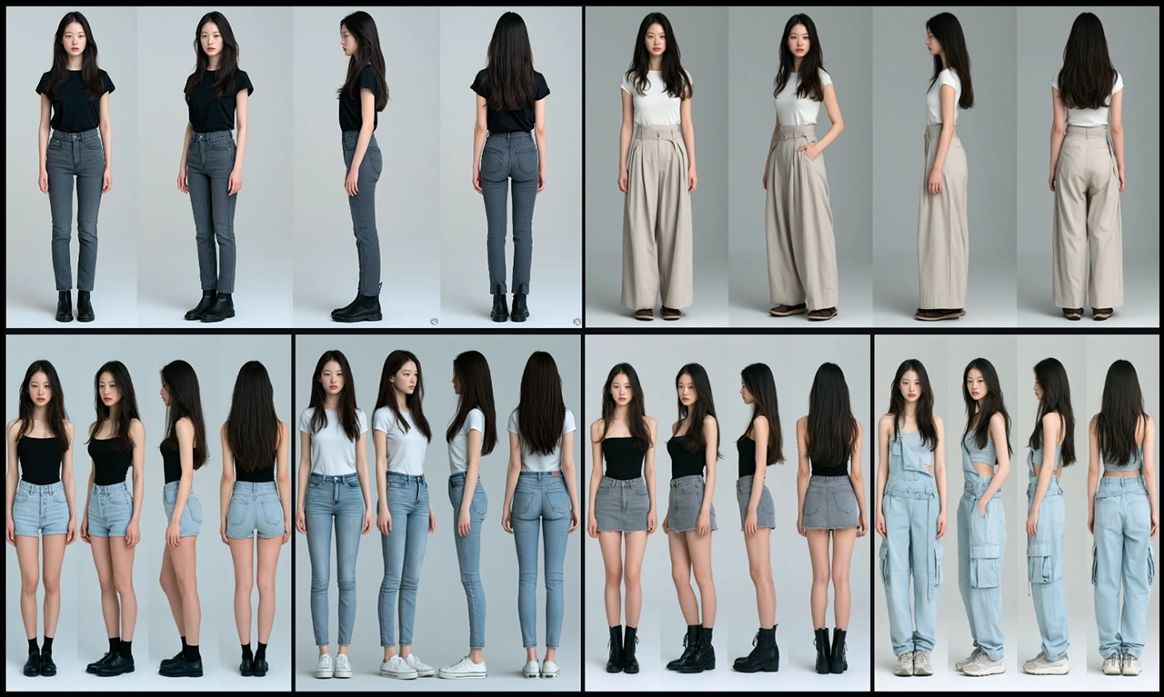참조 인물을 정면·3쿼터·측면·후면으로 생성한 전신 4방향 캐릭터 시트