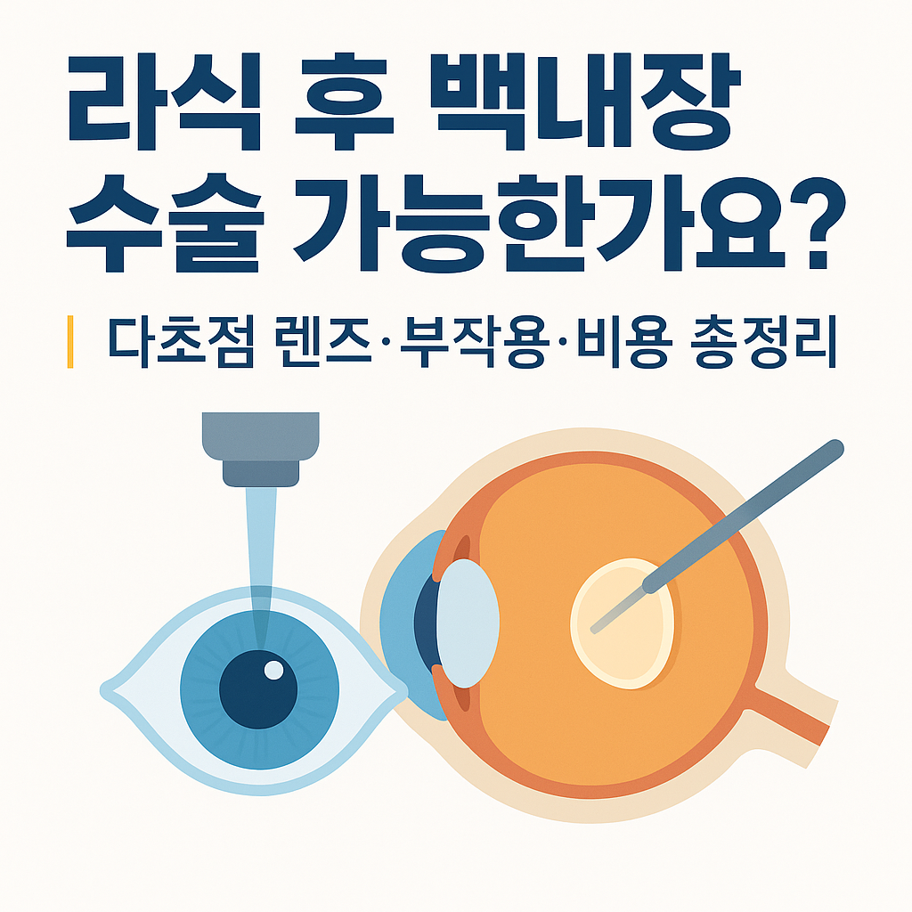 라식 후 백내장 수술 가능 여부를 묻는 대표 이미지 – 다초점 렌즈, 부작용, 비용 정보를 강조한 교육용 썸네일