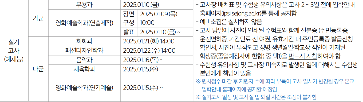 2025 세종대 정시 예체능 실기고사 일정