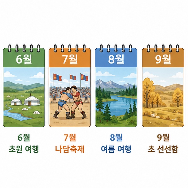 6월부터 9월 초까지 몽골 여행 시기별 특징을 달력으로 비교하는 그림