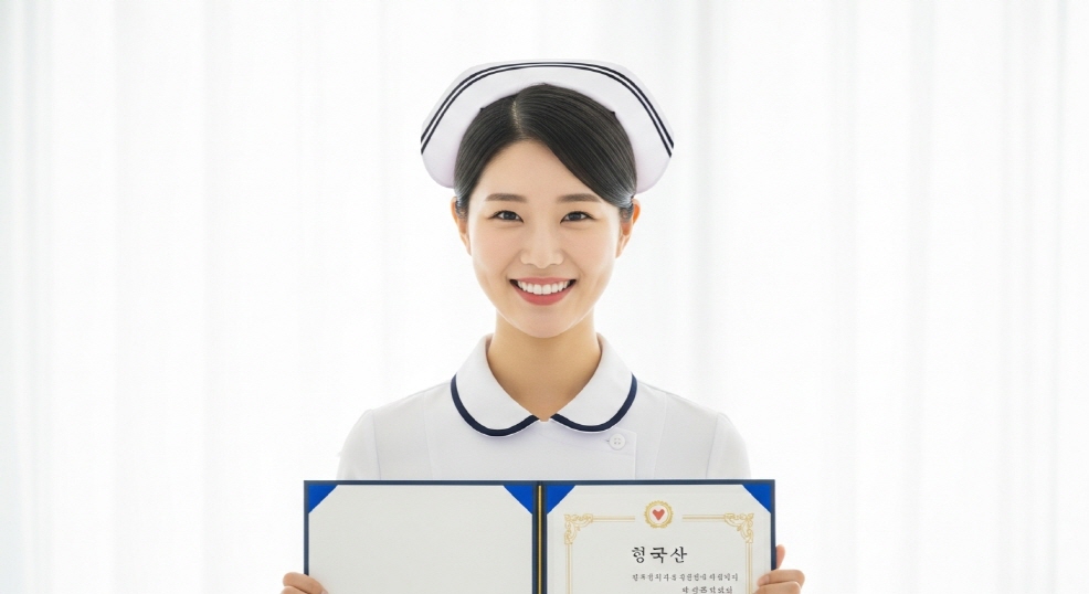 자격증 액자와 함께 웃는 보건교사