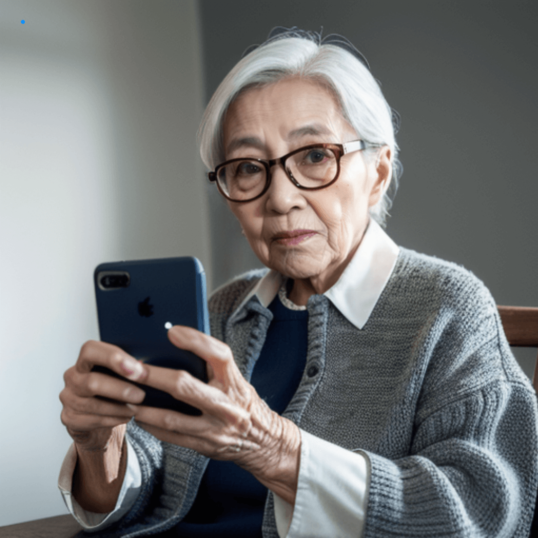 검은 스마트폰을 들고 정면을 응시하는 노년 여성