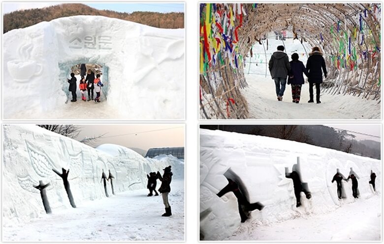 상단좌/우측사진은 눈으로 만든 거대한 소원문 앞에서 한가족(4명)이 무언가를 빌고 있는 모습과 둥근 터널처럼 만들어진 중앙을 걸어가고 있는 어른 3명의 뒷모습이며, 하단좌/우측사진은 거대한 눈으로 만든 벽에 새의 날개 모양의 무늬가 새겨져있고 성인이 팔을 벌리고 들어갈 정도의 크기로 뚫려있는 곳에 사람들이 동일한 형태로 포즈를 취하고 사진을 찍고 있는 모습