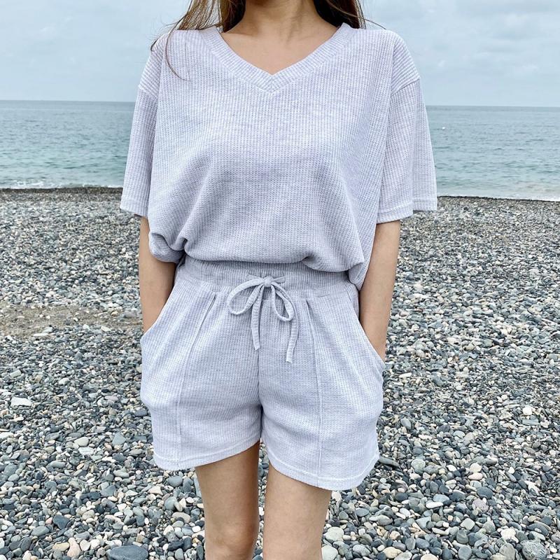 리밋웨어 와플 반팔 반바지 트레이닝세트 4컬러 여성 여름 트레이닝복 운동복 상하세트