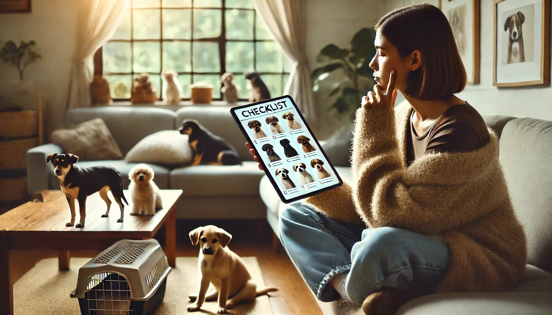 거실에 사람과 함께 있는 강아지들 사진