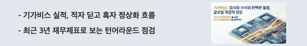 기가비스 주가 전망: '기가비스 실적, 적자 딛고 흑자 정상화 흐름'이라는 문구가 포함된 웹배너 이미지. 이 이미지는 2024년 적자에서 2025년 흑자 전환으로 이어진 최근 3년 실적 턴어라운드를 시각적으로 전달하며, 블로그의 기가비스 재무제표 분석과 관련된 내용을 설명함