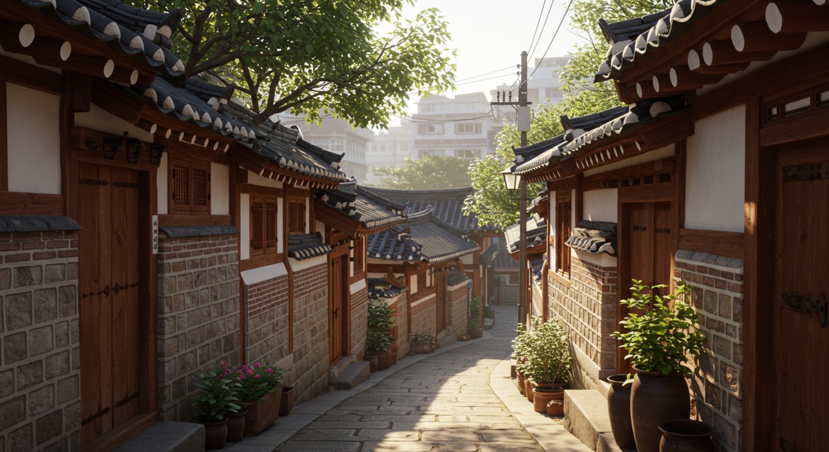 햇살이 비치는 서촌의 한옥 골목길 전경